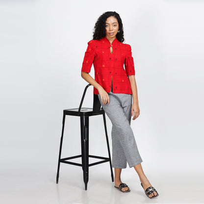 GATSBY Peplum hand-woven top with stylized sleeves, embroidered hem and cotton lining