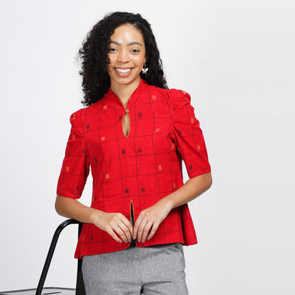 GATSBY Peplum hand-woven top with stylized sleeves, embroidered hem and cotton lining