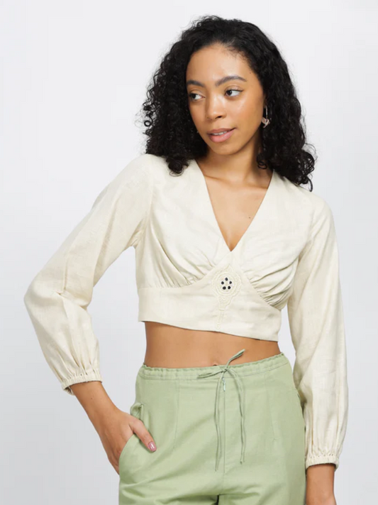 Etheral-Loose Cotton Linen Crop Top With Full Sleeves And Mirror Embroidery Inspired By The Aranmula Kannadi.