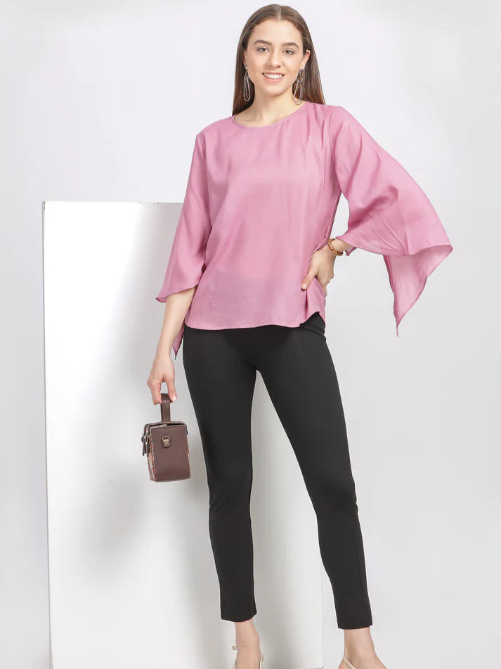 Nayara Subtle Pink Natural Dyed Modal Top with Flared Sleeves