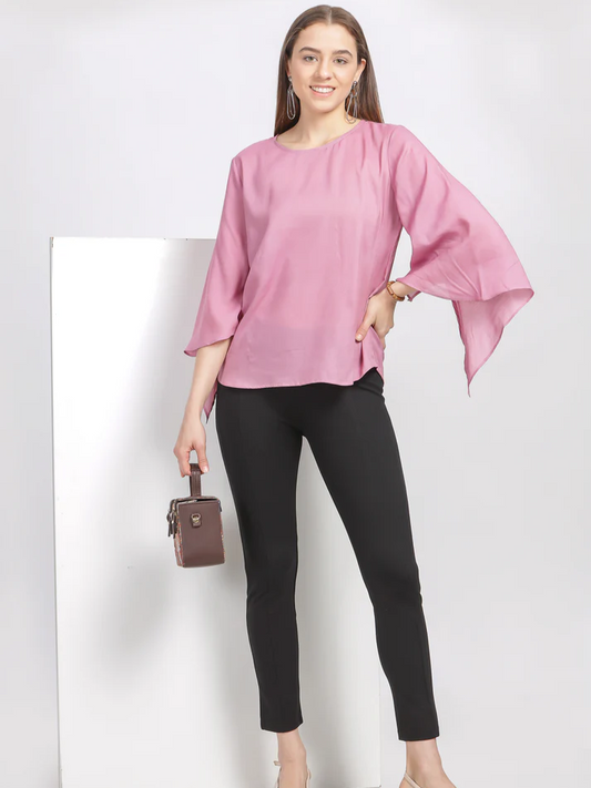Nayara Subtle Pink Natural Dyed Modal Topwith Flared Sleeves