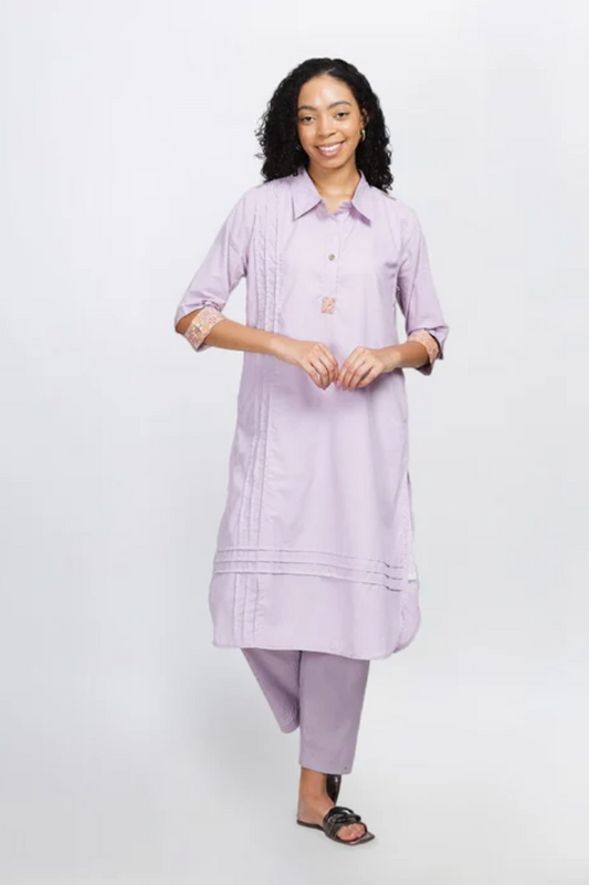 Regal-Lavender Hand Screen Printed Kurtha With Pleats, Pockets And Cotton Lining