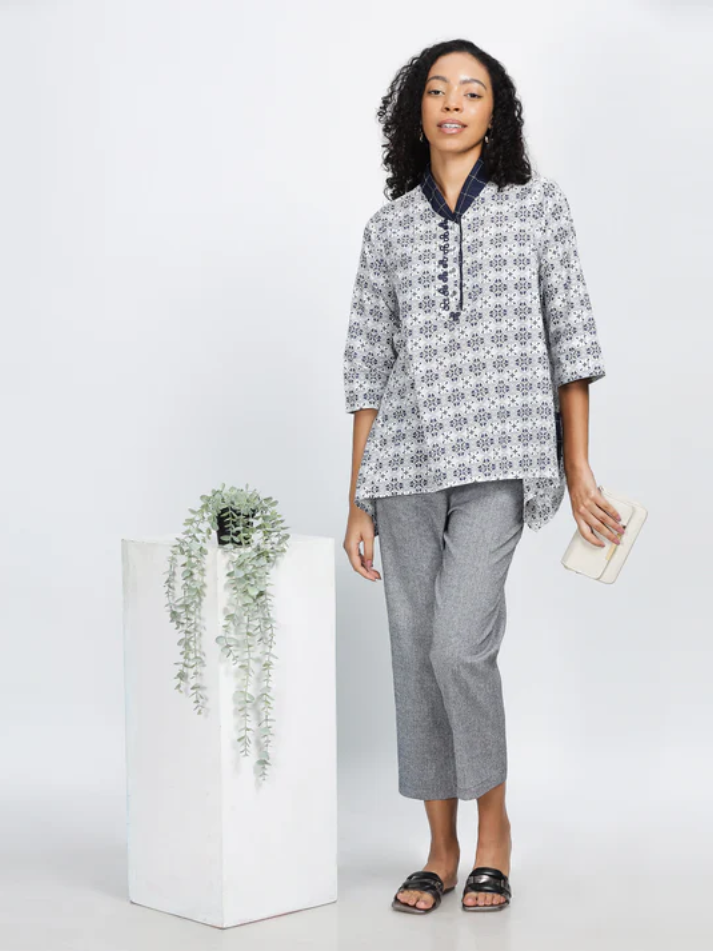 Timeless-"Chic Asymmetric Shirt With Contrast Trims, Hand Embroidered Mirror Work & Patch Pockets"