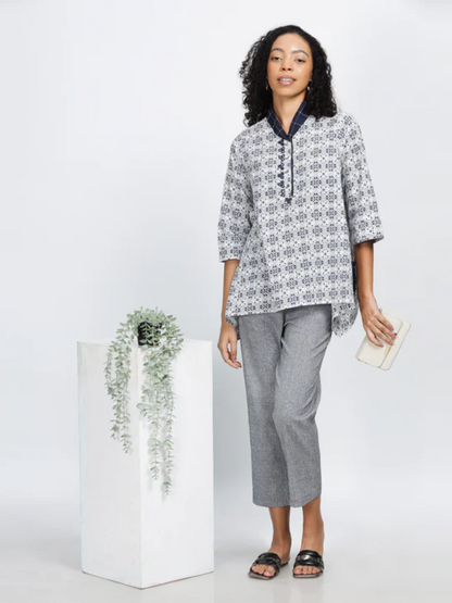 Timeless-"Chic Asymmetric Shirt With Contrast Trims, Hand Embroidered Mirror Work & Patch Pockets"